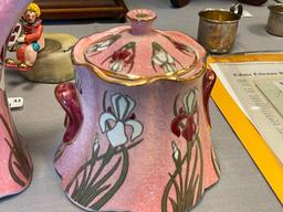 LUNEVILLE FRENCH POTTERY ART NOUVEAU IRIS PATTERN POTTERY TEA POT WITH CREAMER AND SUGAR BOWL