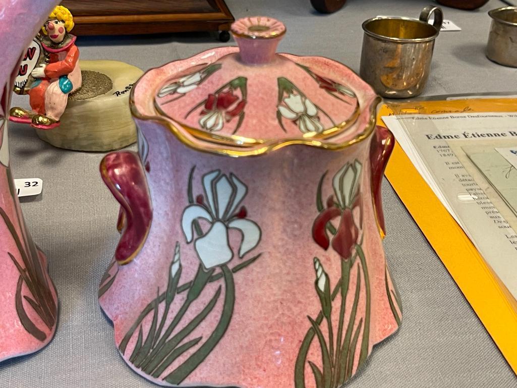 LUNEVILLE FRENCH POTTERY ART NOUVEAU IRIS PATTERN POTTERY TEA POT WITH CREAMER AND SUGAR BOWL