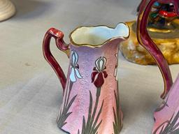 LUNEVILLE FRENCH POTTERY ART NOUVEAU IRIS PATTERN POTTERY TEA POT WITH CREAMER AND SUGAR BOWL