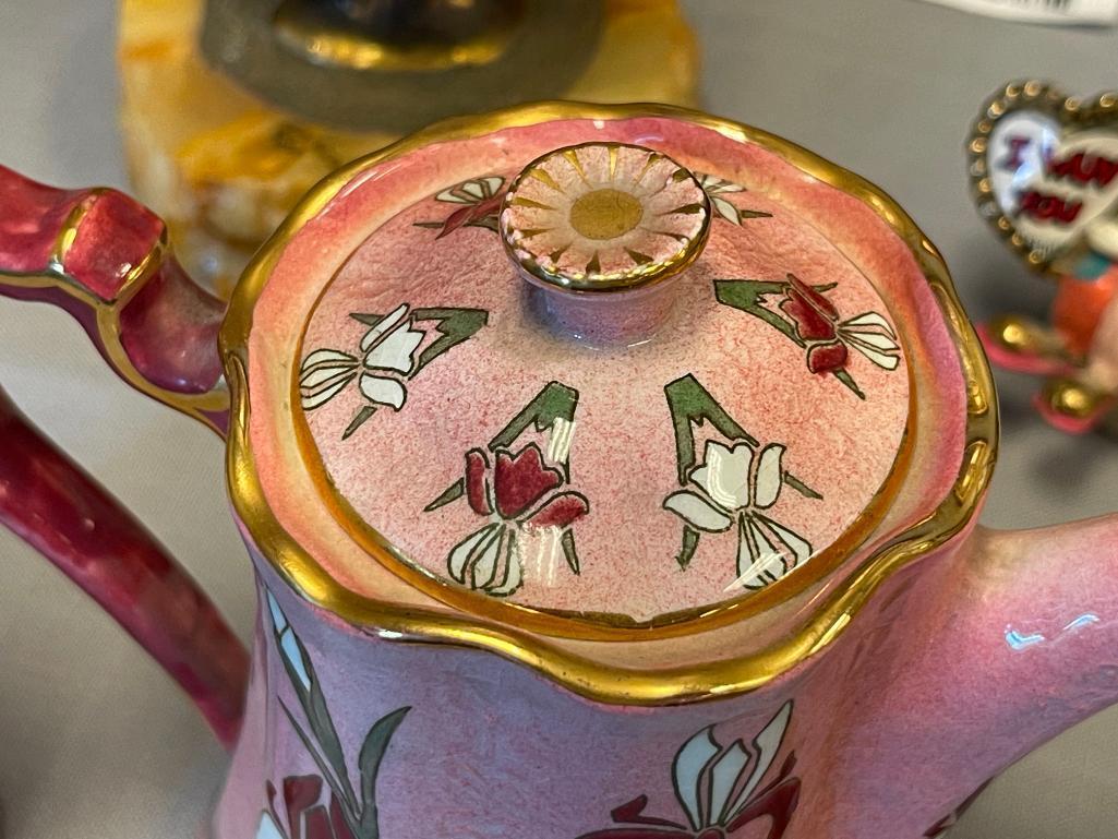 LUNEVILLE FRENCH POTTERY ART NOUVEAU IRIS PATTERN POTTERY TEA POT WITH CREAMER AND SUGAR BOWL