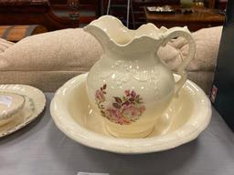 ANTIQUE ARNER'S POTTERY PITCHER AND WASH BASIN WITH HANDPAINTED PINK ROSE DESIGN