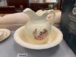 ANTIQUE ARNER'S POTTERY PITCHER AND WASH BASIN WITH HANDPAINTED PINK ROSE DESIGN