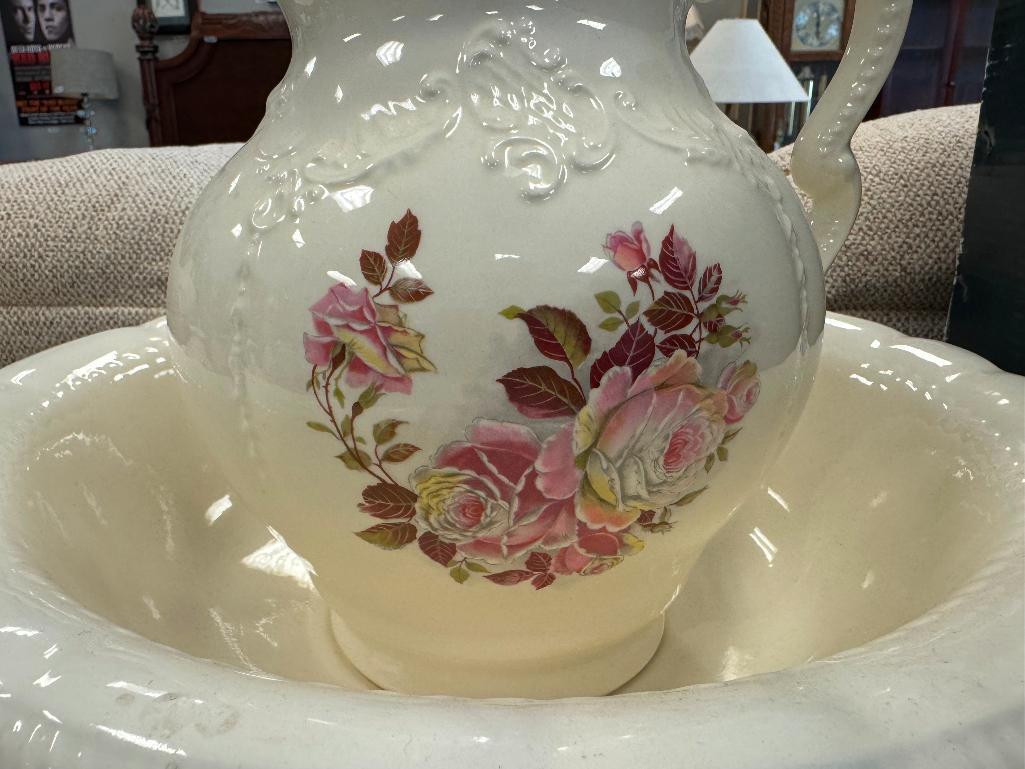 ANTIQUE ARNER'S POTTERY PITCHER AND WASH BASIN WITH HANDPAINTED PINK ROSE DESIGN