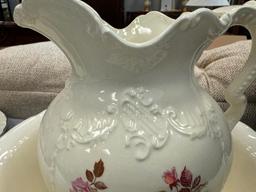 ANTIQUE ARNER'S POTTERY PITCHER AND WASH BASIN WITH HANDPAINTED PINK ROSE DESIGN