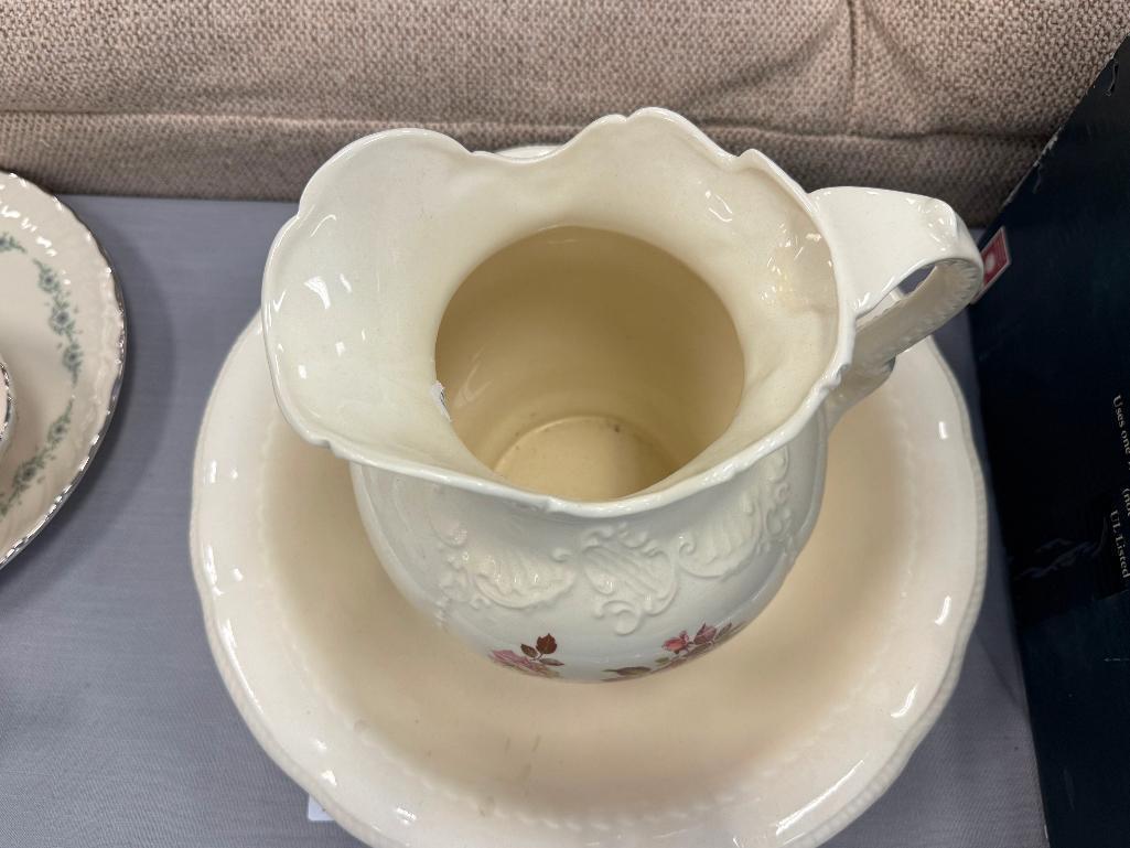 ANTIQUE ARNER'S POTTERY PITCHER AND WASH BASIN WITH HANDPAINTED PINK ROSE DESIGN
