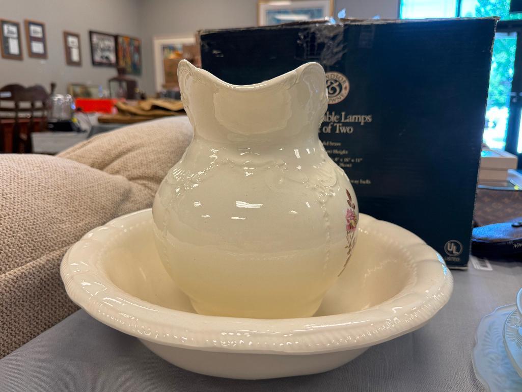 ANTIQUE ARNER'S POTTERY PITCHER AND WASH BASIN WITH HANDPAINTED PINK ROSE DESIGN