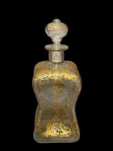 LATE 1800'S EUROPEAN HAND BLOWN PINCHED GLASS DECANTER WITH GILT ENCRUSTED LEAF DESIGN, WITH STOP...