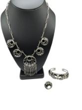 STERLING SILVER BLACK ONYX INLAY JEWELRY SET INCLUDING NECKLACE, CUFF BRACELET, AND RING