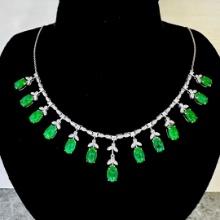 14k Gold 6 Ct Vivid Green Natural Emerald & Diamond Necklace