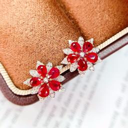 14k Gold 2 Ct Vivid Red Natural Ruby & Diamond Earrings