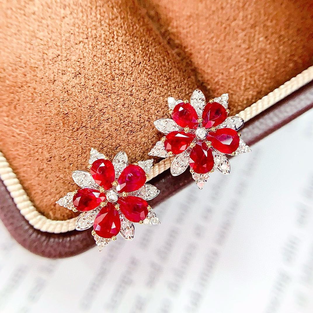 14k Gold 2 Ct Vivid Red Natural Ruby & Diamond Earrings