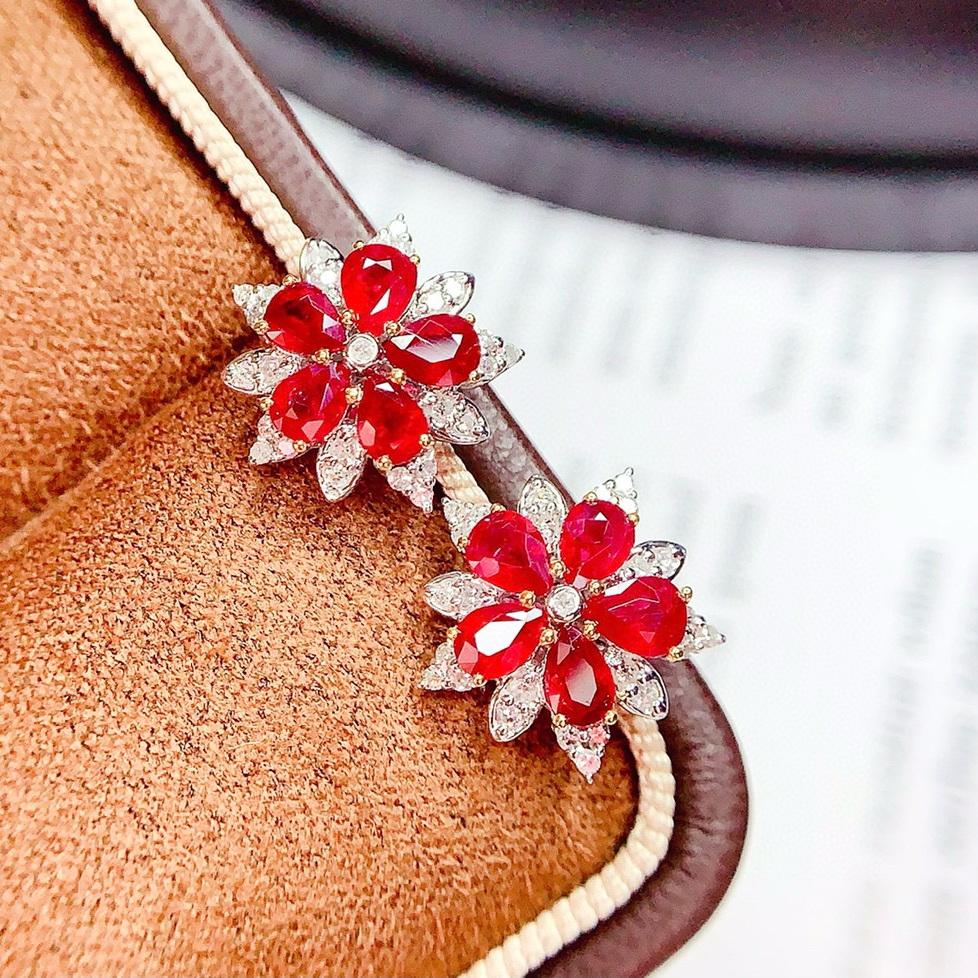 14k Gold 2 Ct Vivid Red Natural Ruby & Diamond Earrings