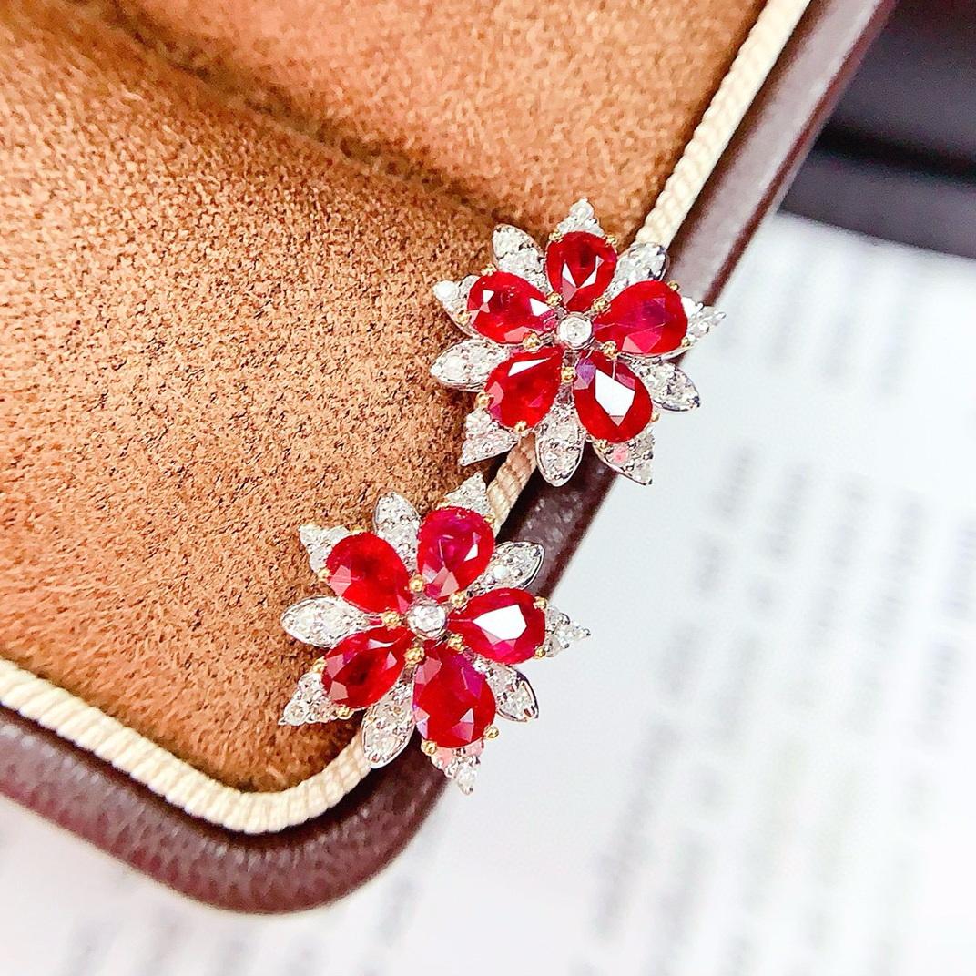 14k Gold 2 Ct Vivid Red Natural Ruby & Diamond Earrings