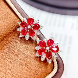 14k Gold 2 Ct Vivid Red Natural Ruby & Diamond Earrings