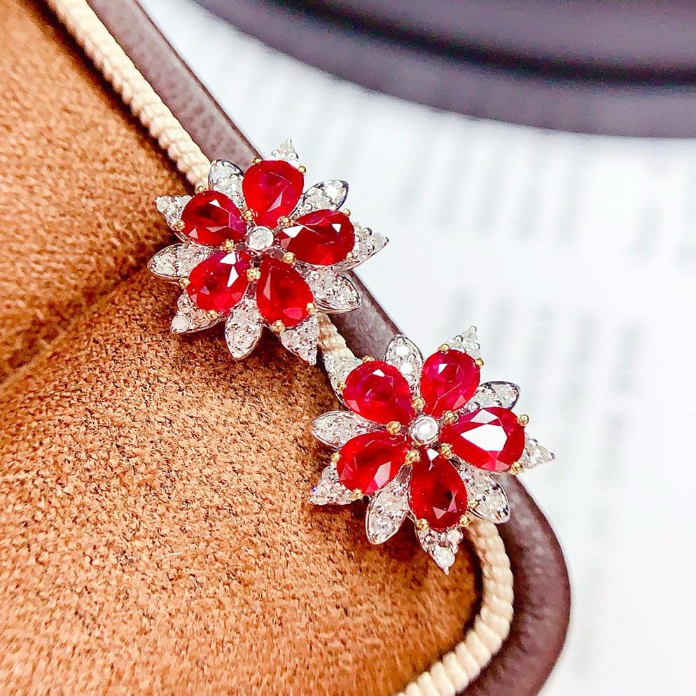 14k Gold 2 Ct Vivid Red Natural Ruby & Diamond Earrings
