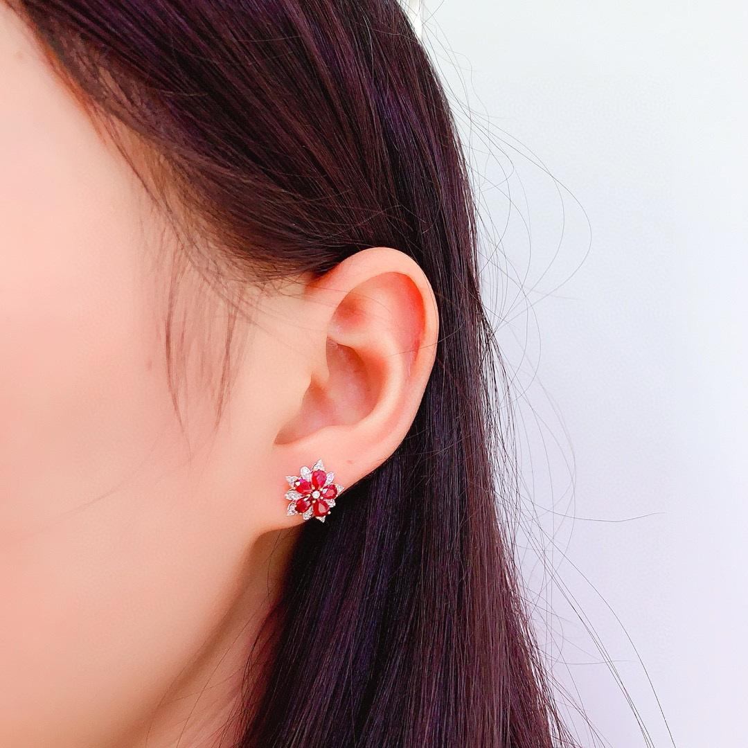 14k Gold 2 Ct Vivid Red Natural Ruby & Diamond Earrings