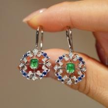 14k Gold 0.4 Ct Vivid Green Natural Emerald & Diamond & Sapphire Earrings