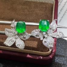 14k Gold 1.73 Ct Vivid Green Natural Emerald & Diamond & Sapphire Earrings