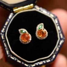 14k Gold 0.73 Ct Natural Spessartine & Diamond & Diamond Earrings