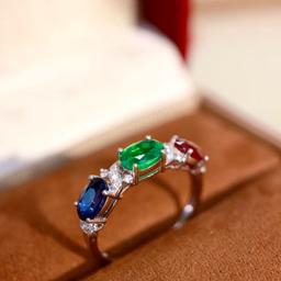 14k Gold 2.09 Ctw Natural Emerald & Sapphire & Ruby & Diamond Ring