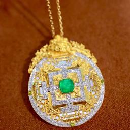 14k Gold 0.66 Ctw Natural Emerald & Diamond Pendant( Without Chain )