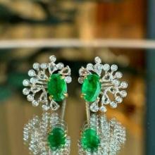 14k Gold 0.8 Ct Vivid Green Natural Emerald & Diamond & Sapphire Earrings