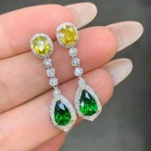 14k Gold 3.78 Ctw Vivid Green Natural Tsavorite & Sapphire Earrings