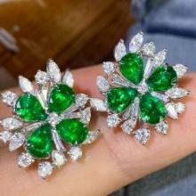 14k Gold 4.10 Ctw Vivid Green Natural Emerald & Diamond Earrings