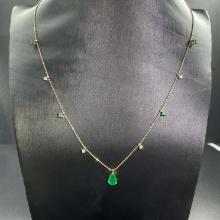 14k Gold 0.8 Ctw Vivid Green Natural Emerald & Diamond Necklace