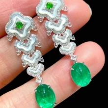 14k Gold 4 Ct Natural Emerald & Diamond & Tsavorite Earrings