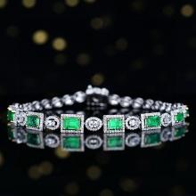 14k Gold 2.24 Ctw Vivid Green Natural Emerald & Diamond Bracelet