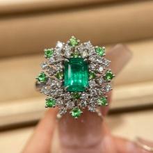 14k Gold 1 Ct Vivid Green Natural Emerald & Diamond & Tsavorite Ring