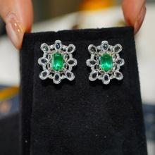 14k Gold 1.7 Ct Vivid Green Natural Emerald & Sapphire & Diamond Earrings