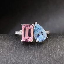 14k Gold 3.57 Ctw Natural Aquamarine & Morganite & Toi Et Moi Ring