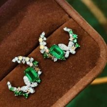 14k Gold 1.5 Ct Vivid Green Natural Emerald & Diamond & Sapphire & Emerald Earrings
