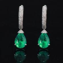 14k Gold 2.91 Ctw Vivid Green Natural Emerald & Diamond Earrings