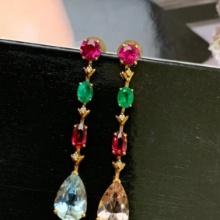 14k Gold 5.66 Ctw Natural Aquamarine & Morganite & Emerald & Tourmaline Earrings