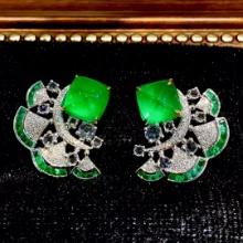 14k Gold 6 Ct Natural Emerald & Diamond & Sapphire & Emerald Earrings