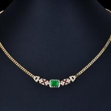 14k Gold 2.83 Ctw Vivid Green Natural Emerald & Diamond Necklace