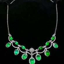 14k Gold 12.35 Ct Vivid Green Natural Emerald & Diamond & Sapphire Necklace