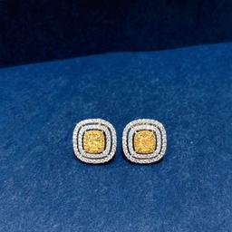 14k Gold 1.55 Ctw Natural Yellow Diamond & Diamond Earrings