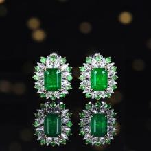 14k Gold 2.99 Ctw Vivid Green Natural Emerald & Diamond Earrings