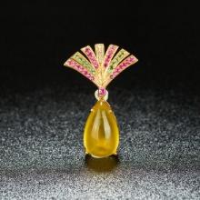 14k Gold 10.05 Ct Natural Prehnite & Ruby & Tsavorite & Diamond Pendant( Without Chain )