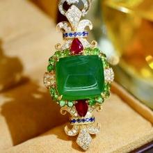 14k Gold 13.37 Ct Vivid Green Natural Emerald & Diamond & Ruby & Tsavorite & Sapphire Pendant( Wi...