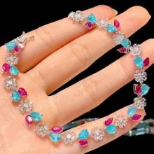14k Gold 9.3 Ct Natural Paraiba Tourmaline & Ruby & Sapphire & Diamond Bracelet