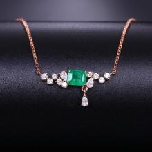 14k Gold 0.68 Ctw Vivid Green Natural Emerald & Diamond Necklace