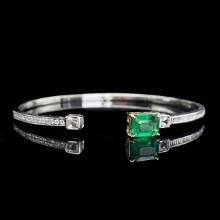 14k Gold 1.75 Ctw Vivid Green Natural Emerald & Diamond Bangle