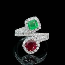 14k Gold 1.3 Ctw Natural Ruby & Emerald & Toi Et Moi Ring