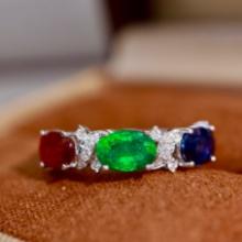 14k Gold 2.09 Ctw Vivid Green Natural Emerald & Sapphire & Ruby & Diamond Ring