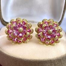 14k Gold 4.55 Ct Natural Padparadscha Sapphire & Diamond Earrings